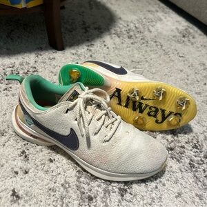 Nike White and Teal Golf Shoes with Yellow Sole